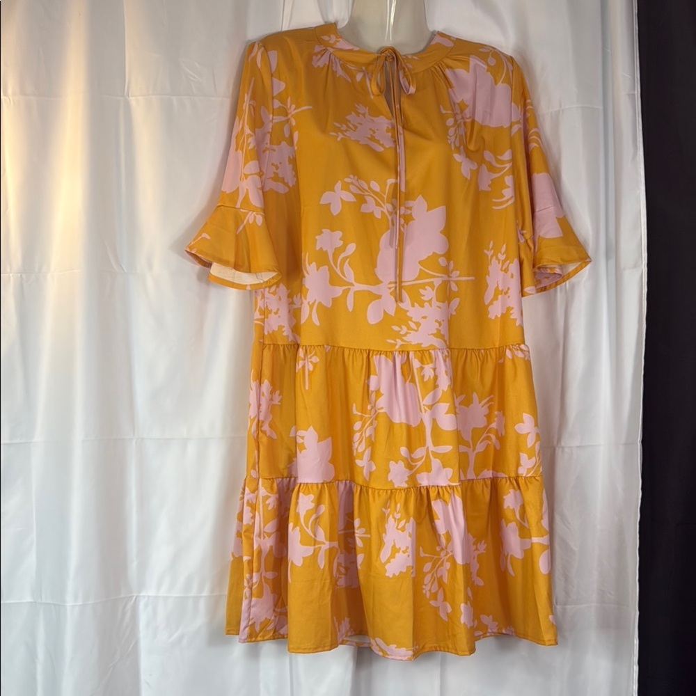 Orange and Pink Tiered Mini Sundress with Bell Sleeves